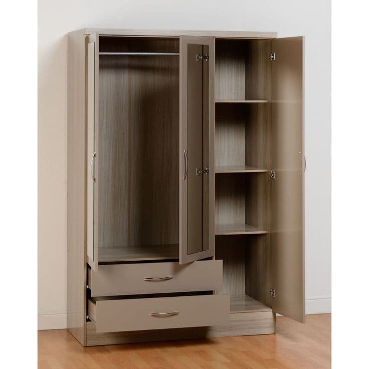 Nevada 3 Door 2 Drawer Mirrored Wardrobe - Oyster Gloss & Light Oak