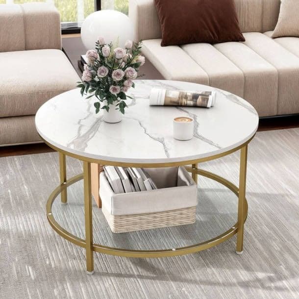 Modern White Marble Effect Round Coffee Table with Glass Storage Shelf & Gold Frame
