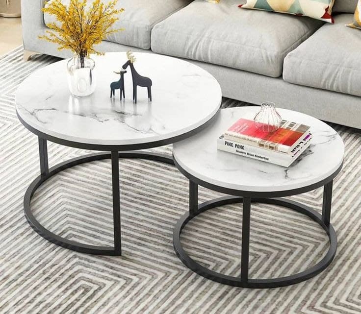 Modern White Marble Effect & Black Frame Nest of 2 Round Centre Tables