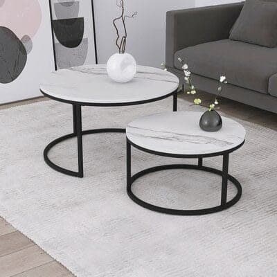 Modern White Marble Effect & Black Frame Nest of 2 Centre Tables
