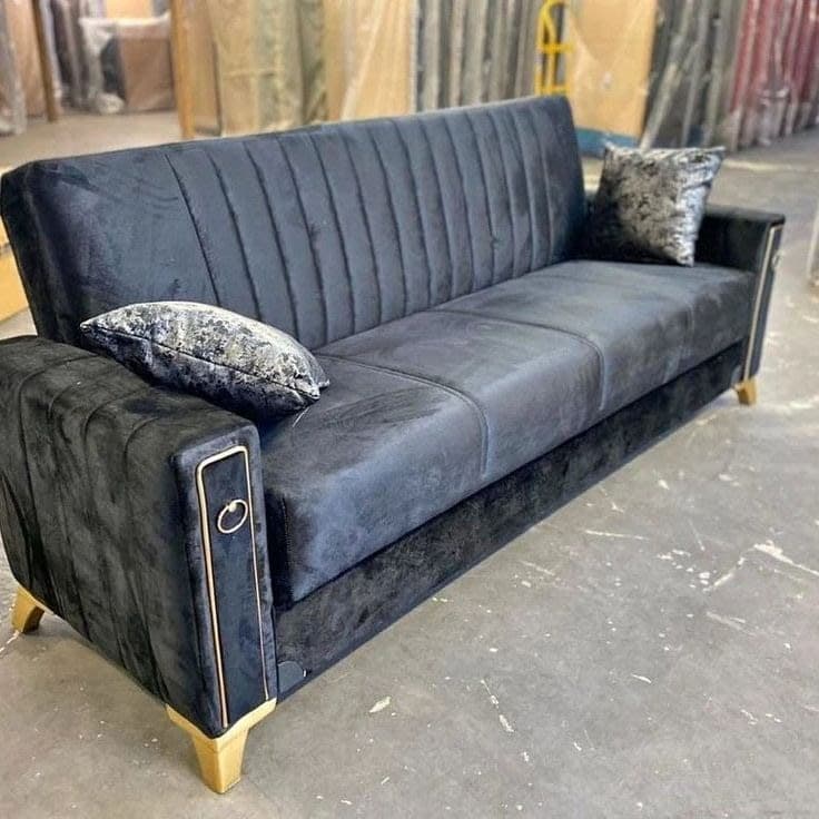 Evra Turkish 3 Seater Ottoman Sofa Bed with Cushions - Black