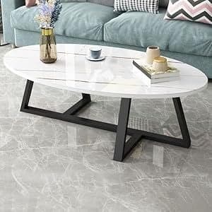 Modern Oval White Marble Effect Coffee Table - Black Metal Frame