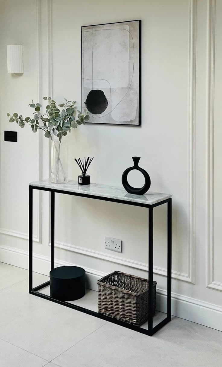 Modern Carrara Marble Narrow Console Table - Black Frame