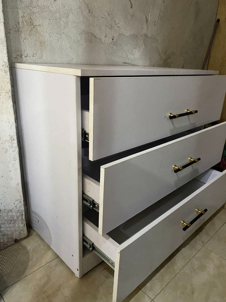 Modern White 3 Drawer Chest of Drawers with Black & Gold Handles