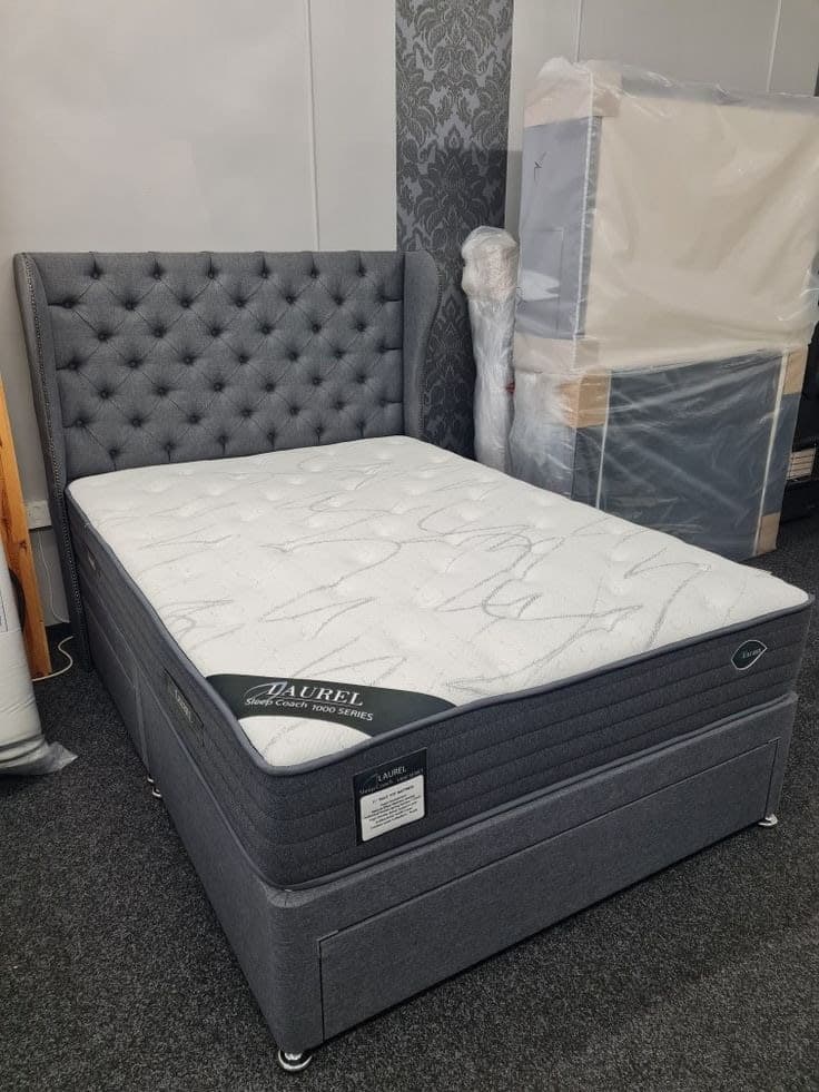 Luxury Grey Winged Chesterfield Divan Bed Set with Laurel Pillow Top Pocket Mattress & Drawers