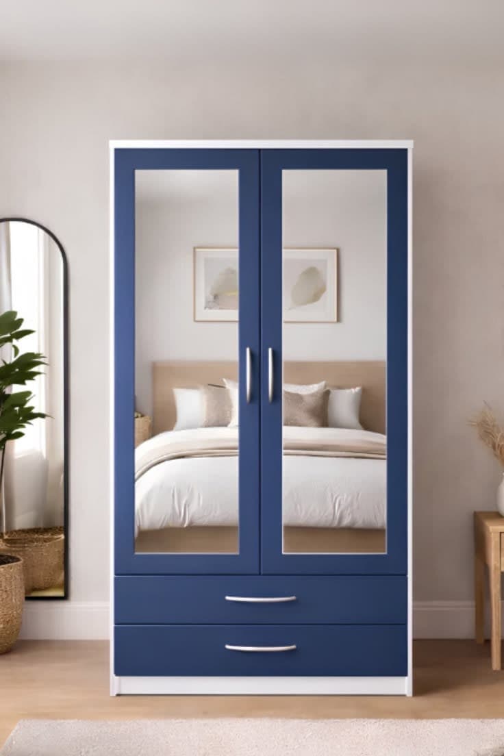 Blue 2 Door Mirrored Wardrobe with 2 Drawers - Modern Bedroom Storage Solution