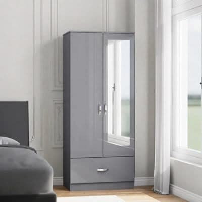 High Gloss Grey Door (Matt Grey Body) Wooden 2 Door Mirrored Wardrobe with 1 Drawer