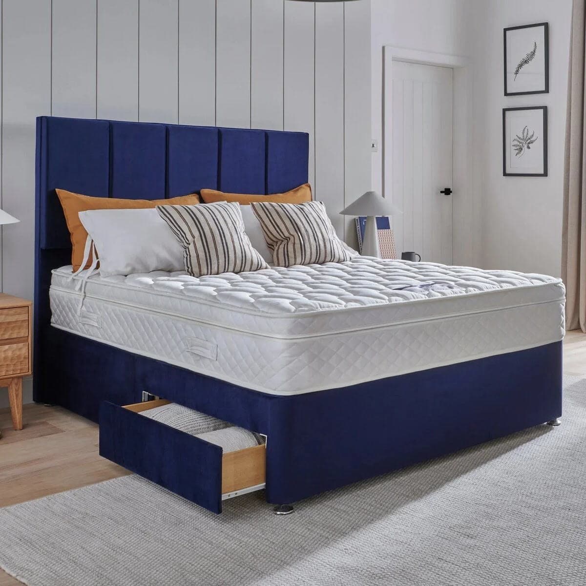 Luxury Fabric Divan Bed Set with Vertical Panel Headboard & Orthopaedic Mattress