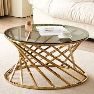 Modern Round Spiral Design Tempered Glass Coffee Table - Gold Frame