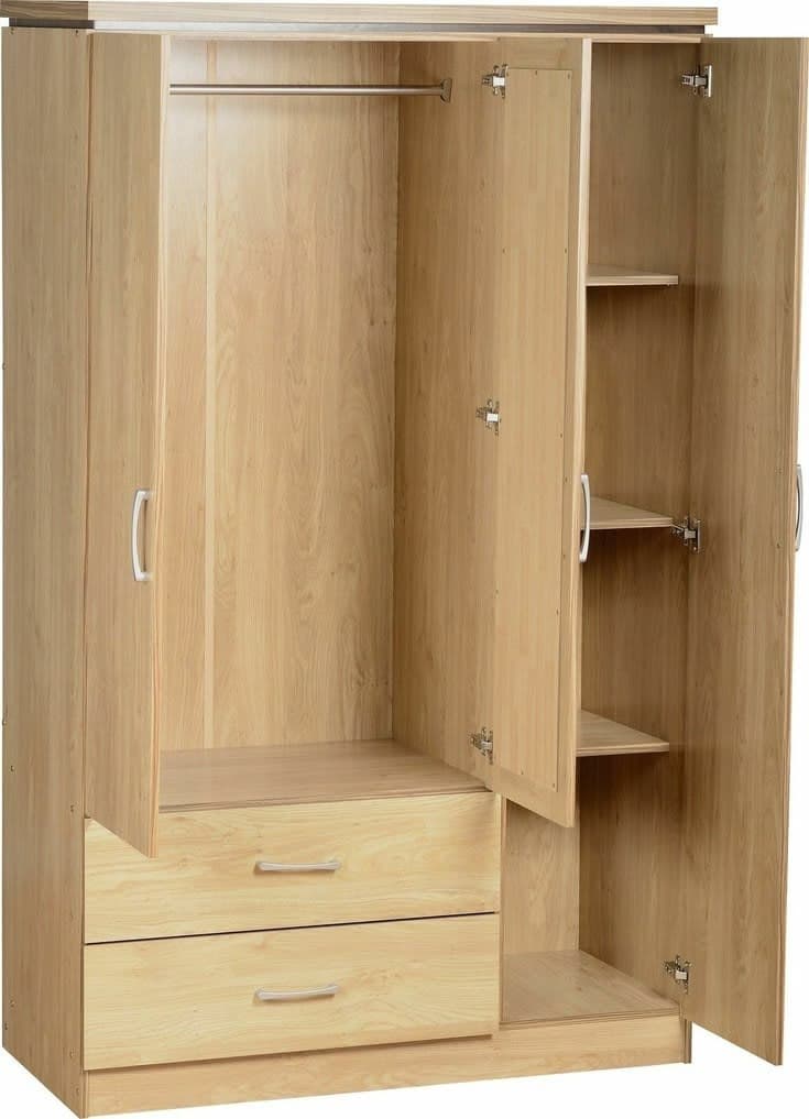 Triple 3 Door 2 Drawer Oak Veneer & Walnut Trim Wardrobe