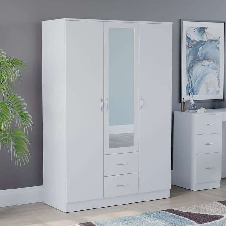 Vida Designs Riano 3 Door 2 Drawer Mirrored Wardrobe With Shelf & Clothes Rail - White