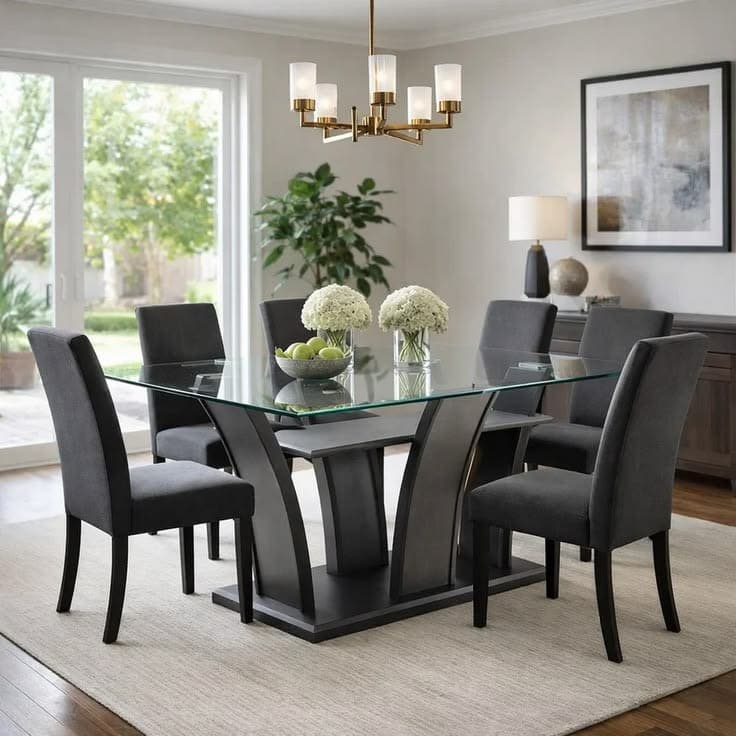 Royal Furniture 72-Inch Glass Top Dining Table | Dark Gray Sculptural Pedestal Base