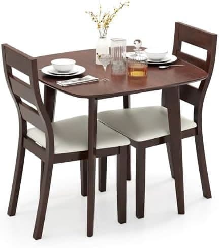 Royal 3-Piece Small Dining Table Set for 2 | Wooden Square Table & Upholstered Ladder-Back Chairs