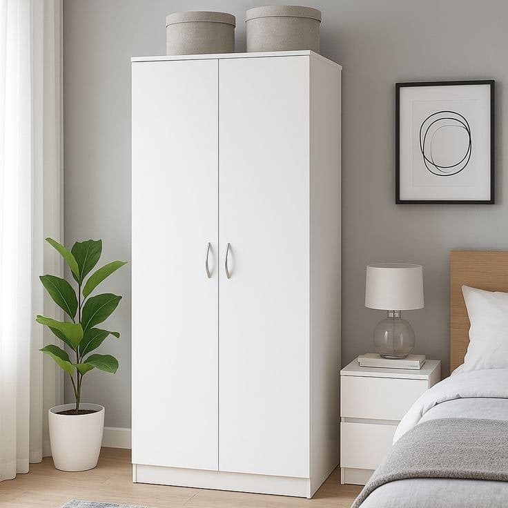 Wooden 2 Door Wardrobe With Clothes Rail And Shelf - White