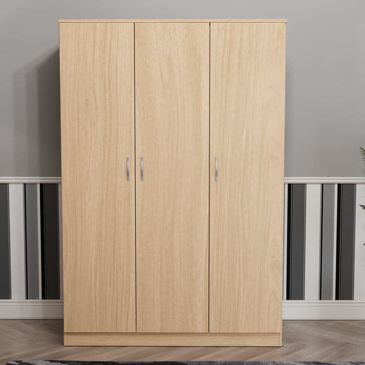 Maybery 3 Door Wardrobe With Shelf & Hanging Rail - Natural Oak