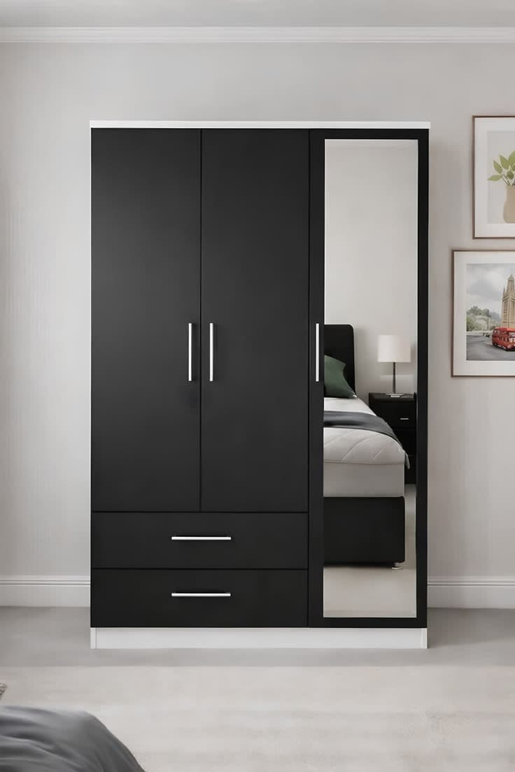 Royal Furniture Modern Black & White 3 Door Wardrobe with Mirror & 2 Drawers