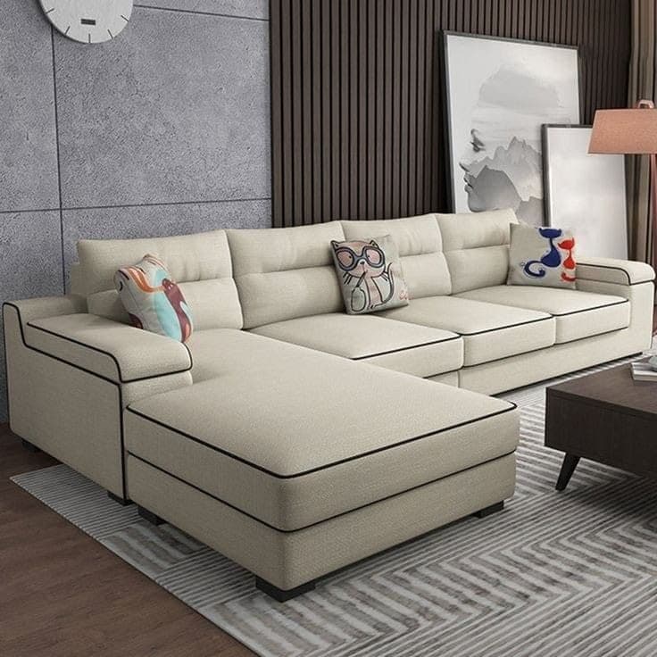 Milan Cream Fabric Corner Sofa | Modern Contrast Piping L-Shape Suite