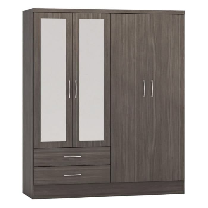 Nevada 4 Door 2 Drawer Mirrored Wardrobe - Grey / Black Wood Grain