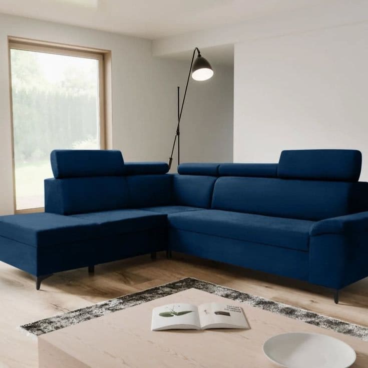 Artic Fabric Corner Sofa Bed with Adjustable Headrests - Navy Blue