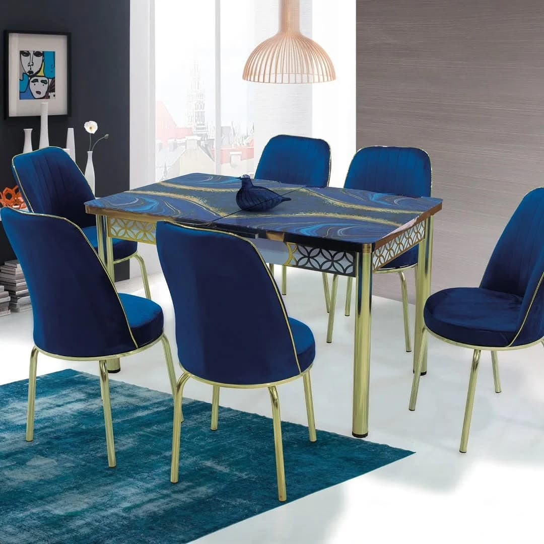 Blue & Gold Marble Effect Extending Dining Table Set | 6 Royal Blue Velvet Chairs