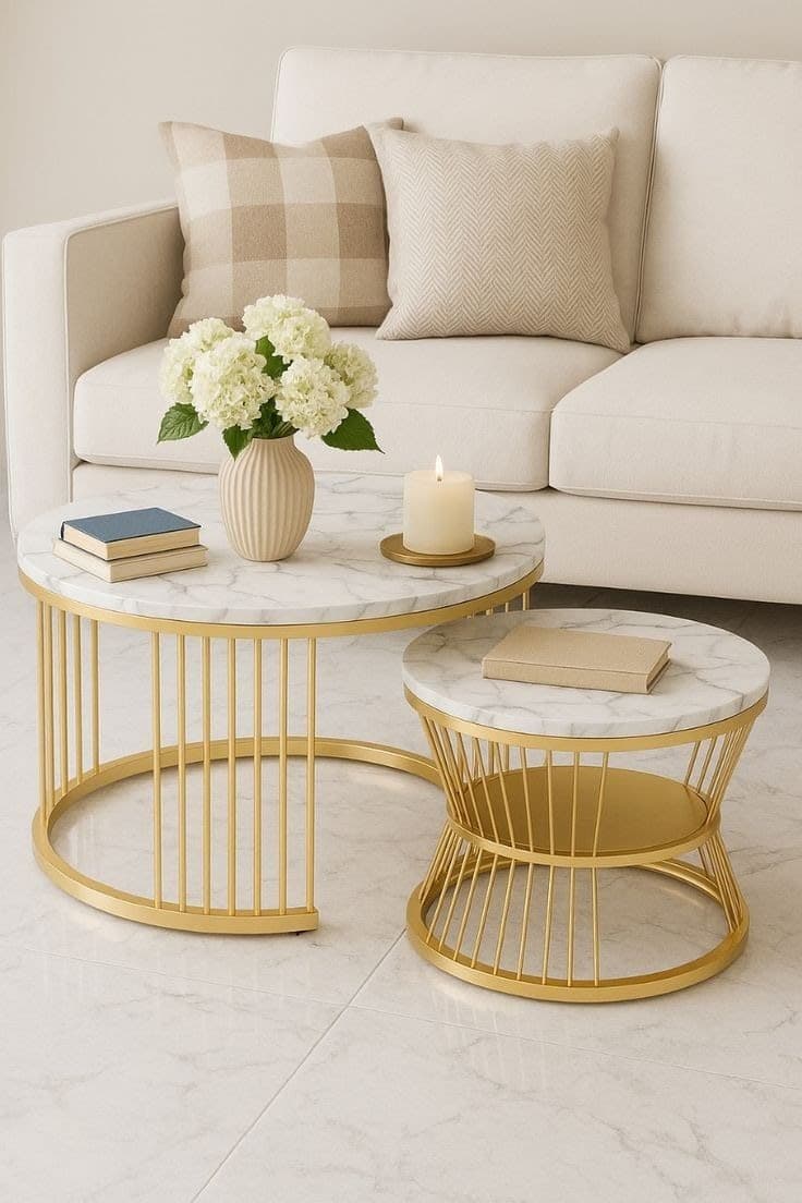 Modern White Marble Effect & Gold Caged Frame Nest of 2 Round Coffee Tables