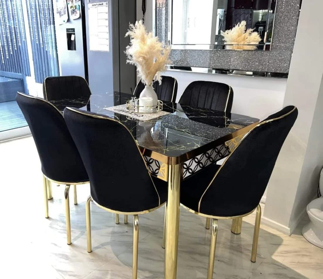 Black & Gold Marble Effect Extending Dining Table Set | 6 Chairs & Gold Chrome Legs