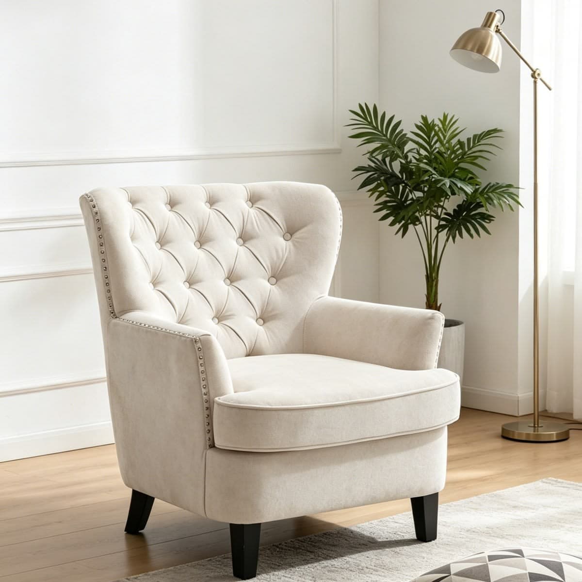 Chesterfield Tufted Velvet Armchair - Cream Beige