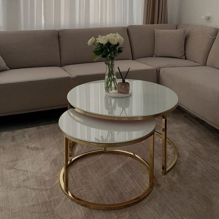Modern White Glass & Polished Gold Frame Nest of 2 Round Coffee Tables