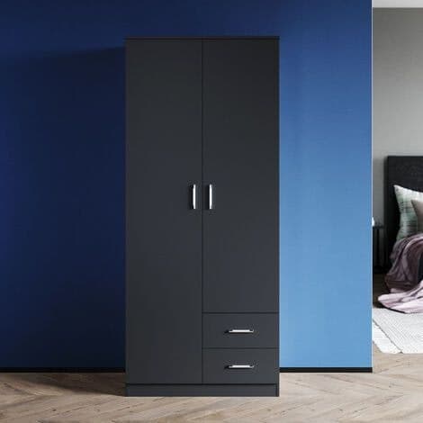 ELEGANT Modern Wardrobe Double 2 Doors Wardrobe with Drawers - Black