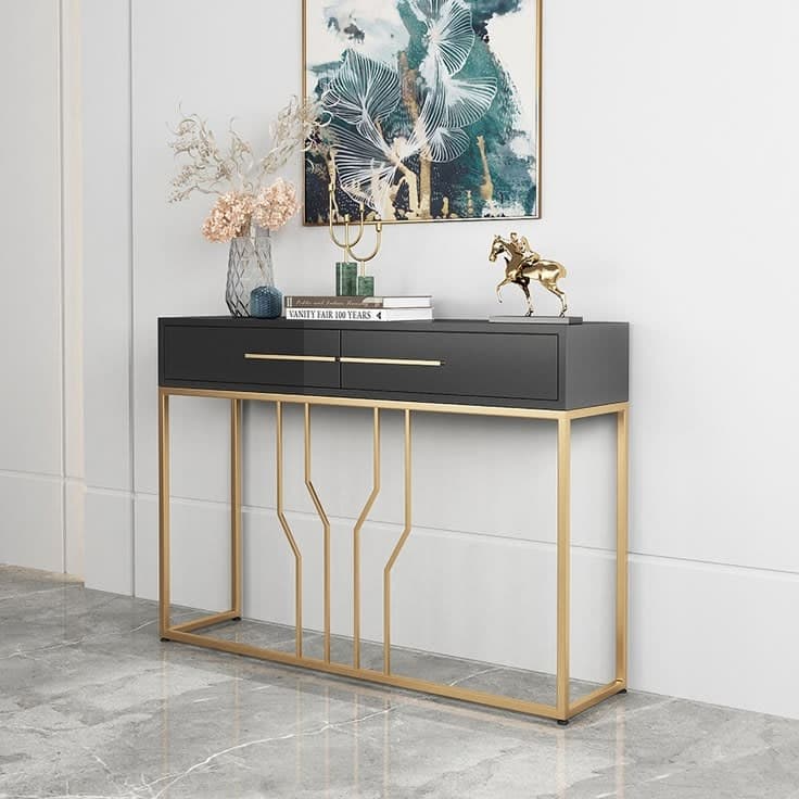 Modern Narrow Black & Gold Console Table with Drawers - 800mm