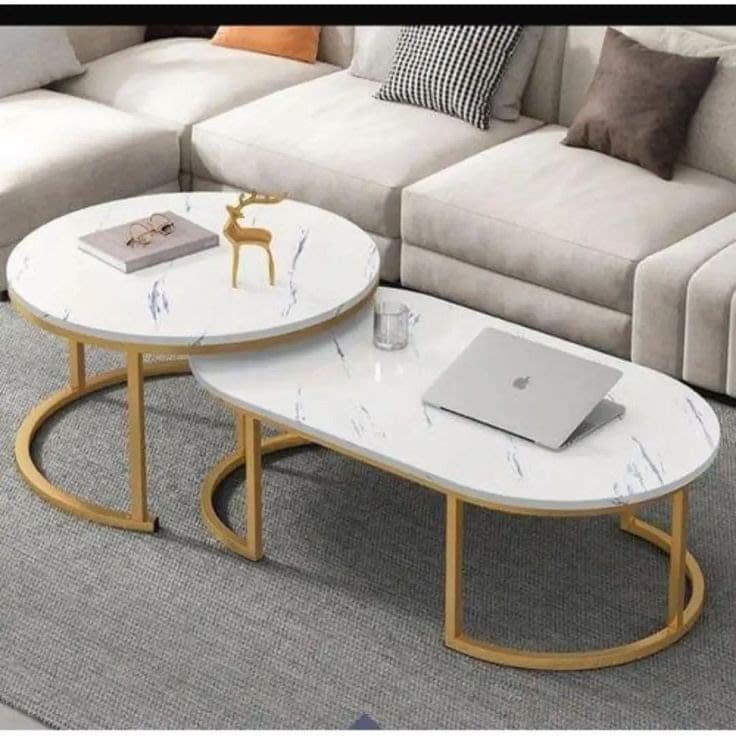 Modern White Marble Effect Nest of 2 Oval & Round Coffee Tables with Gold Frame