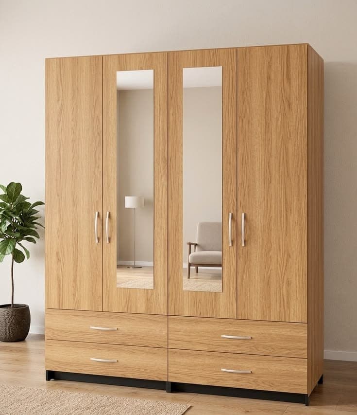 Stockholm 4 Door 4 Drawer Mirrored Wardrobe - Natural Oak Effect