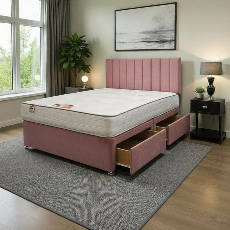 Paris Plush Bed Set With Mattress, 2 Drawers Same Side 24" Headboard - Pink / Small Single