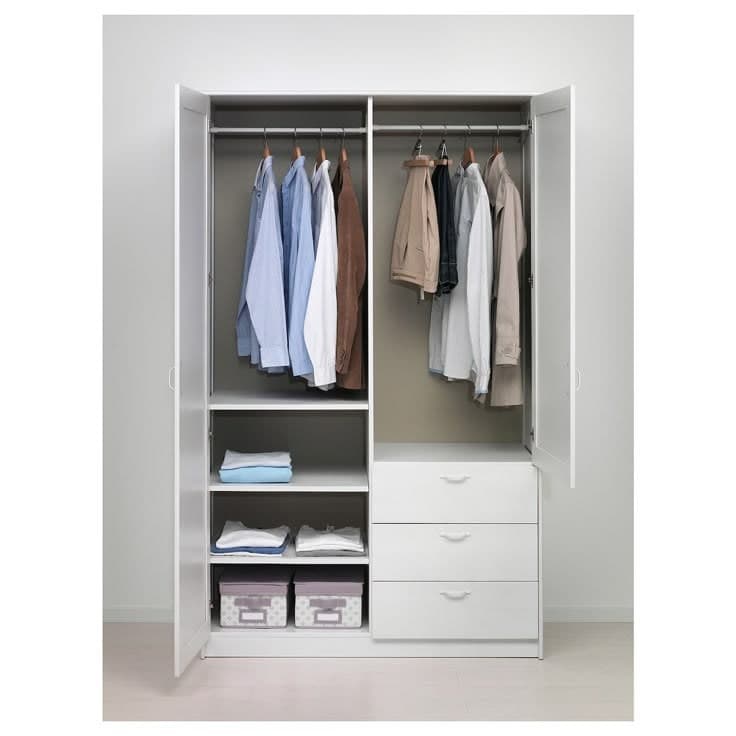 Modern 2 Door Hinged Wardrobe with Shelves & 3 Drawers - White