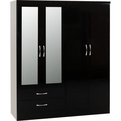 Nevada 4 Door 2 Drawer Mirrored Wardrobe - Black Gloss
