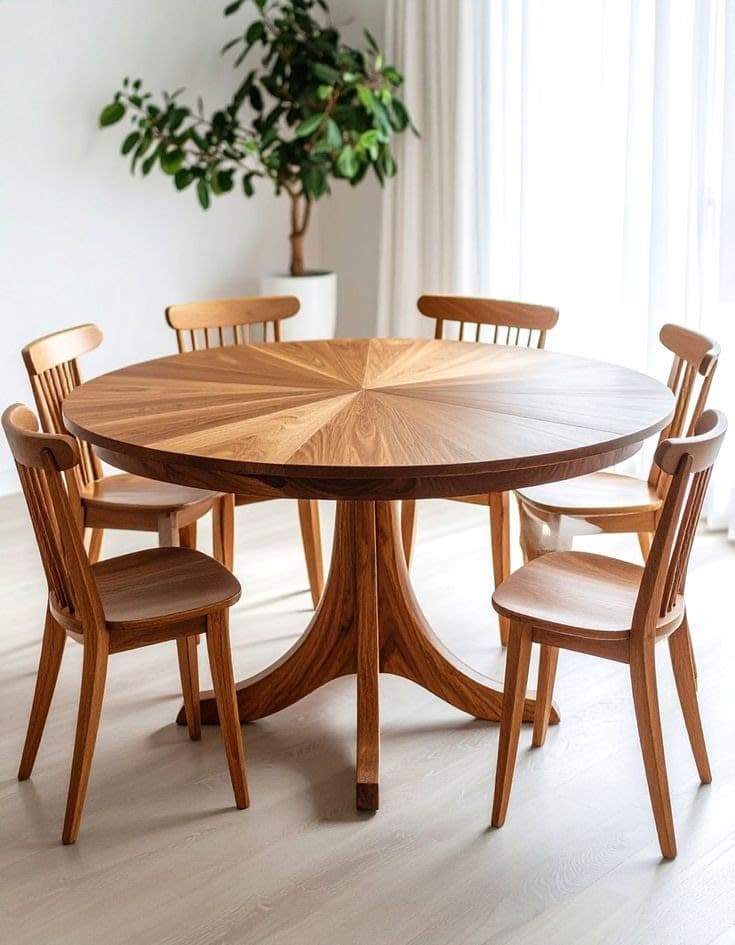 Royal Furniture Sunburst Walnut Round Dining Table | Pedestal Base & 6 Matching Chairs