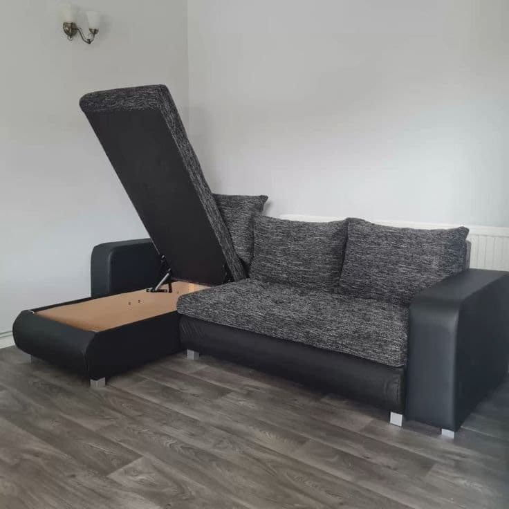 Berlin Fabric Corner Sofa Bed with Double Storage - Charcoal Grey & Black
