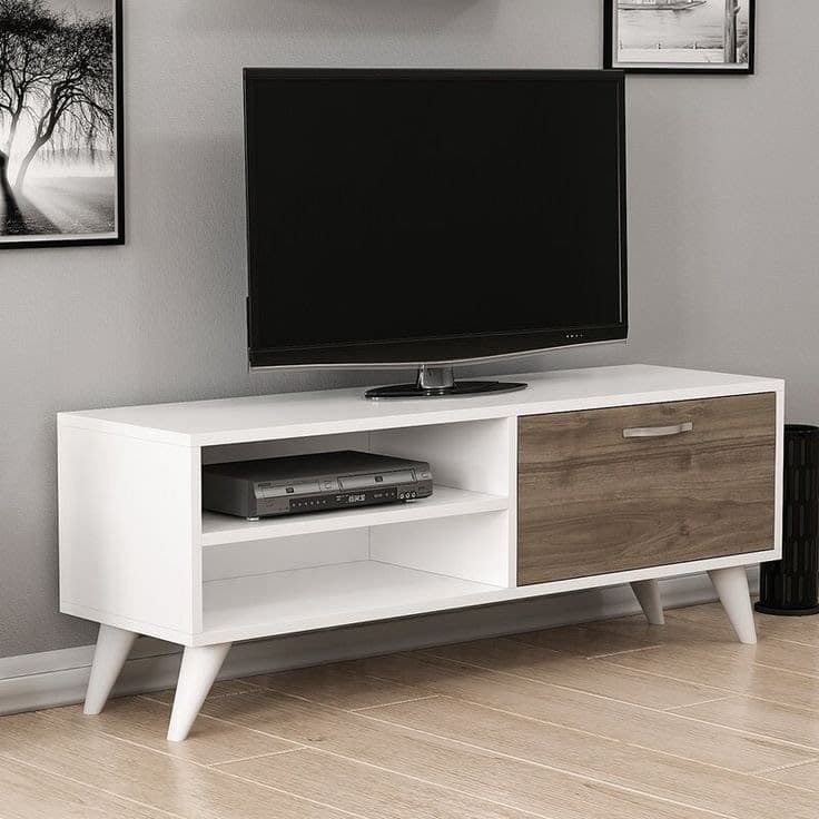 Nordic Mid-Century Modern TV Stand with Storage - White & Walnut