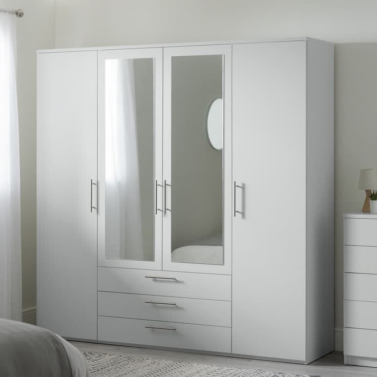 Argos Home Brisbane 4 Door 3 Drawer Mirrored Wardrobe - White Soft Grey