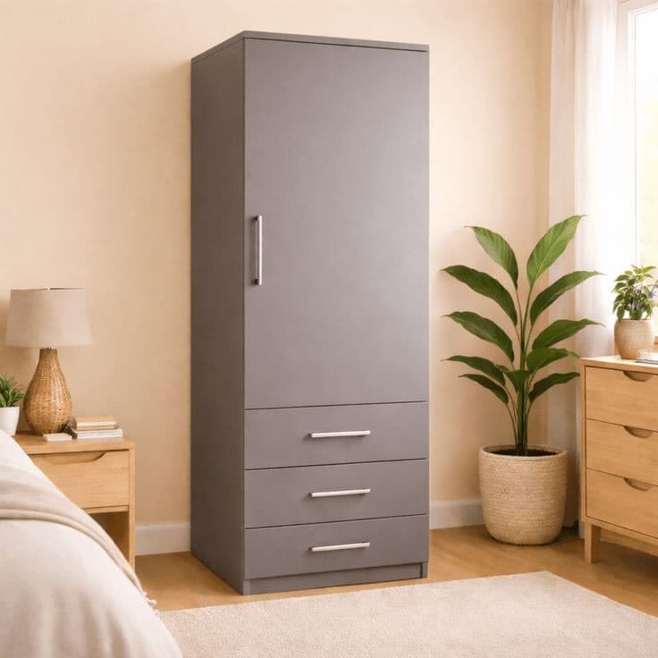 Freestanding Single Wardrobe With 3 Drawers - Grey
