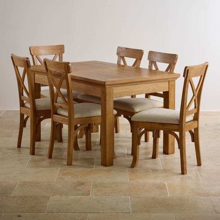 Royal Furniture Solid Natural Oak Dining Table Set | Extending Table with 6 Cross-Back Chairs
