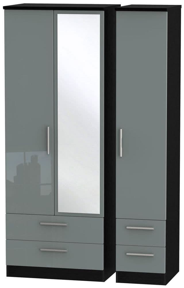 Welcome Furniture Knightsbridge 3 Door 1 Mirror 4 Drawer Combi Wardrobe - Grey Gloss & Black