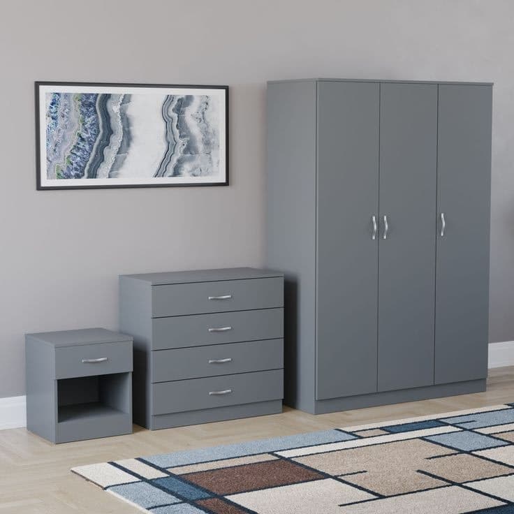Vida Designs Riano 3 Piece Bedroom Furniture Set - 3 Door Wardrobe, 4 Drawer Chest & 1 Drawer Bedside Cabinet - Grey