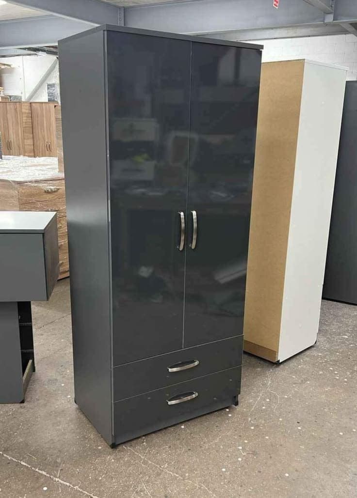 Modern High Gloss 2 Door 2 Drawer Wardrobe - Dark Grey