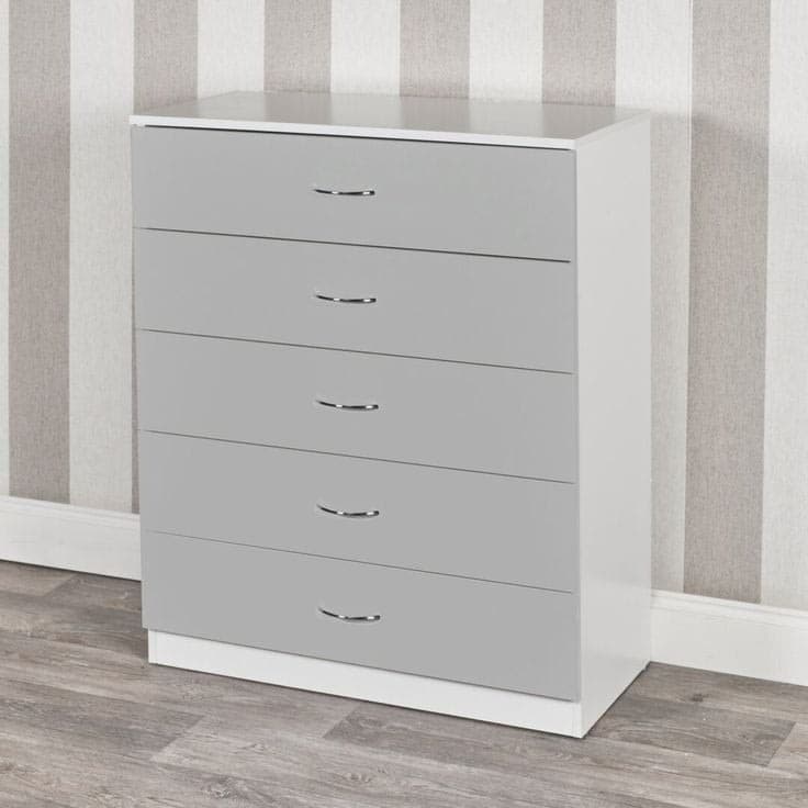 Modern Grey & White 5 Drawer Chest of Drawers with Silver Handles