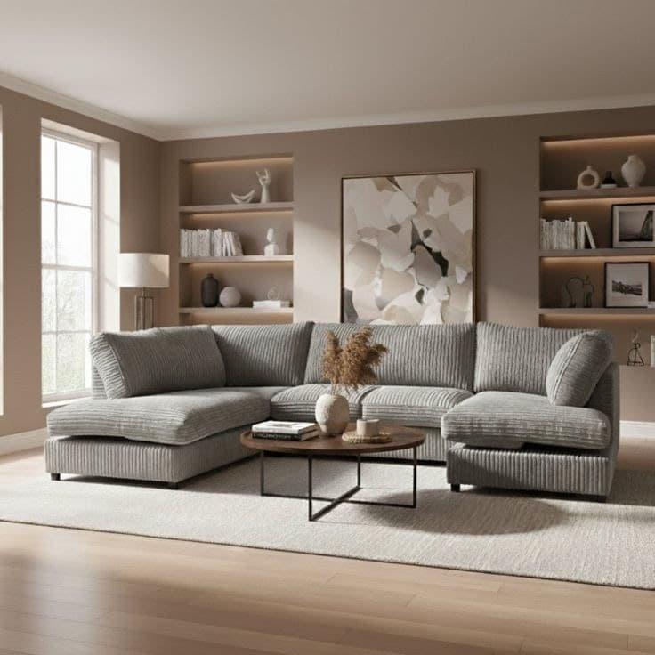 Jumbo Cord Fabric U-Shaped Sofa | High-Back Sectional Settee