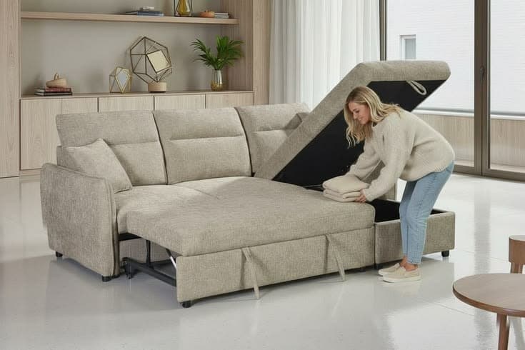 Archie Fabric Corner Sofa Bed with Storage - Beige