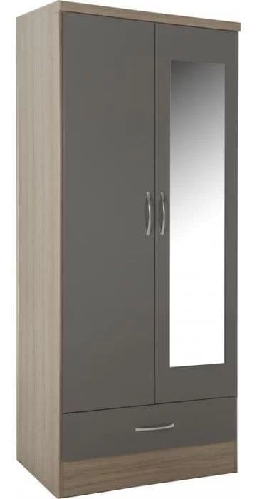 Modern Two-Tone 2 Door 1 Drawer Mirrored Wardrobe - Oak & Grey