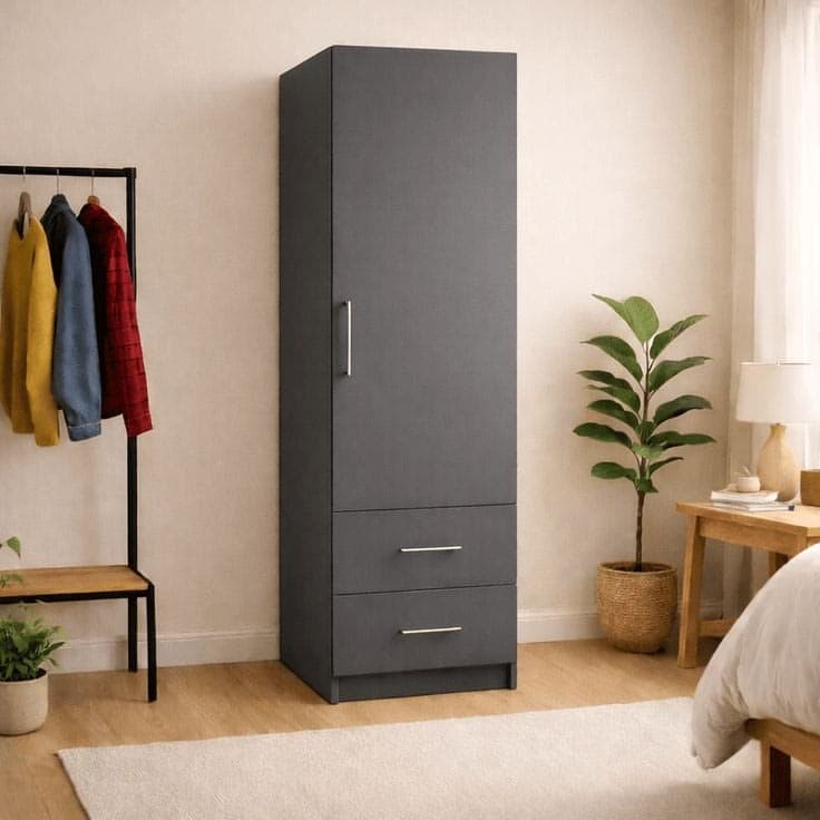 Freestanding Single Wardrobe With 2 Drawers - Dark Grey