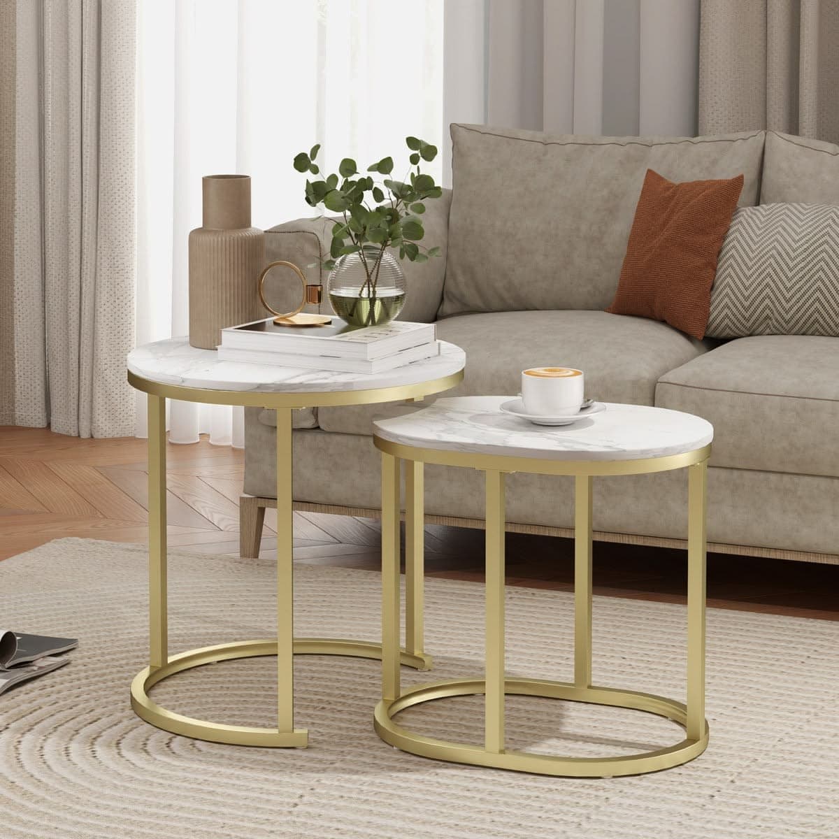 Luxury Gold Nesting Side Tables White Marble Effect Set of 2
